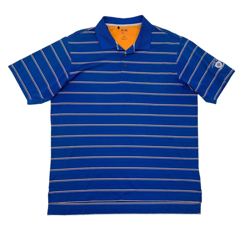 Adidas Polo Shirt Mens XL Extra Large Blue Climacool Striped Hickory Hills Golf